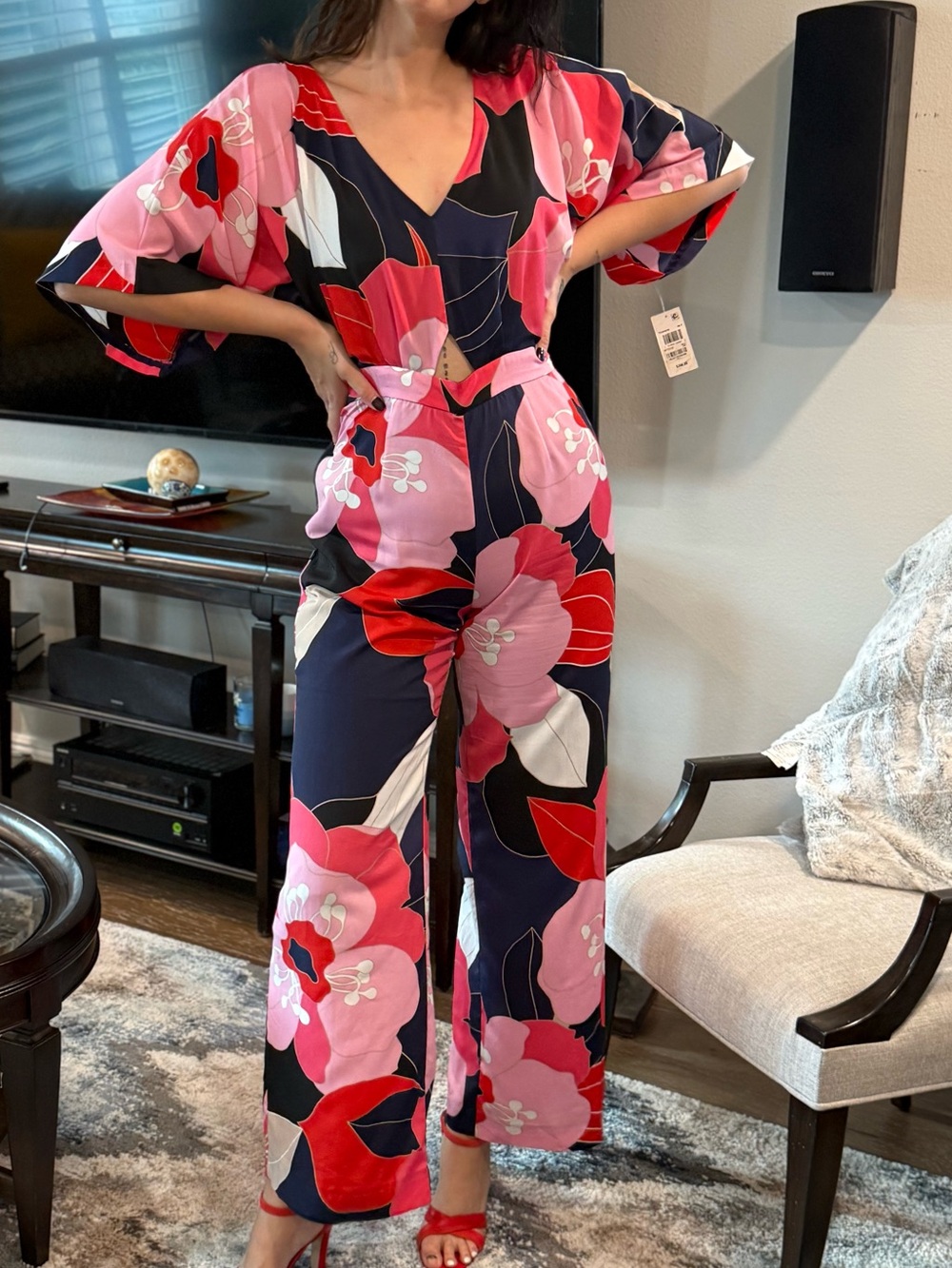 Macy's Navy, Pink & Red Floral Wide-Leg Jumpsuit